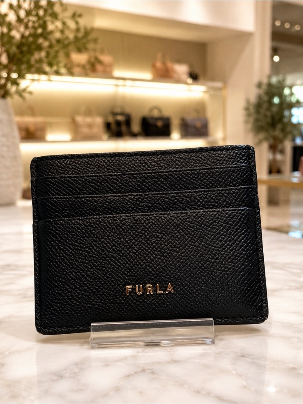 Furla Black Textured Leather Card Holder Gold Tone Logo Card Case - Picture 1 of 10